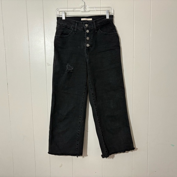 Levis Mile High Cropped Wide Leg Jeans Womens Button Fly Black Distressed Sz 26 - Picture 1 of 10